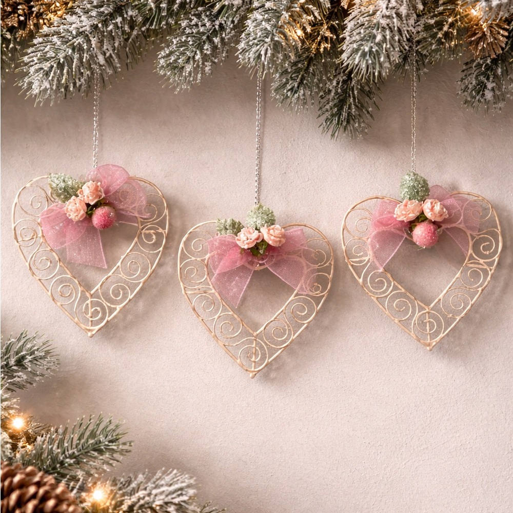 Set of 3 heart shaped floral sparkle ornaments